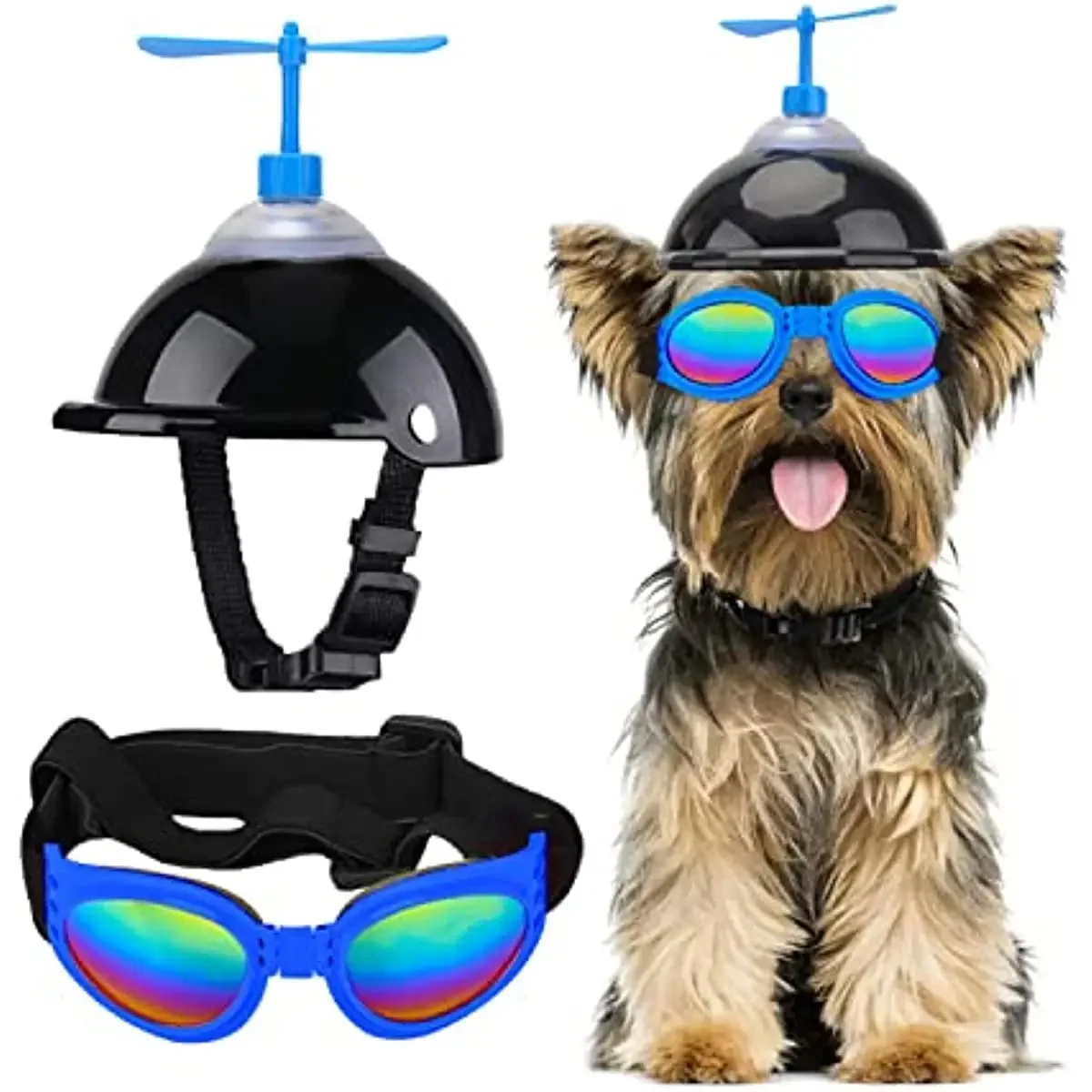 

ATUBAN Dog Helmet and Goggles with Cute Propeller for Small Medium Dogs Adjustable Puppy Sun Hat and Sunglasse Summer Riding Set