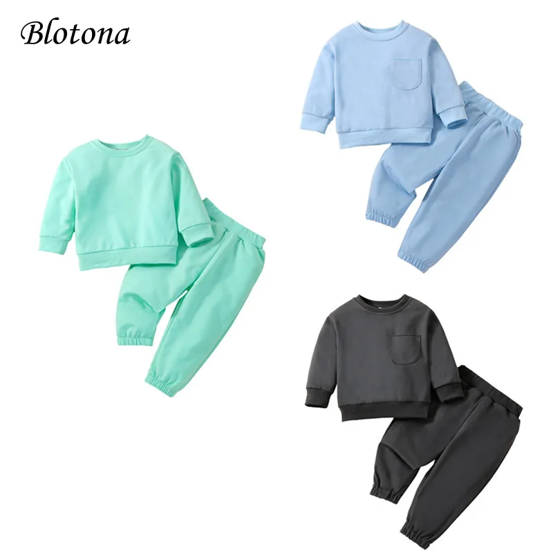 

Blotona Kids Girls Boys Spring Autumn Set Solid Color Long Sleeve Sweatshirt Tops+ Elastic Casual Pants Outfits, 6Months-4Years