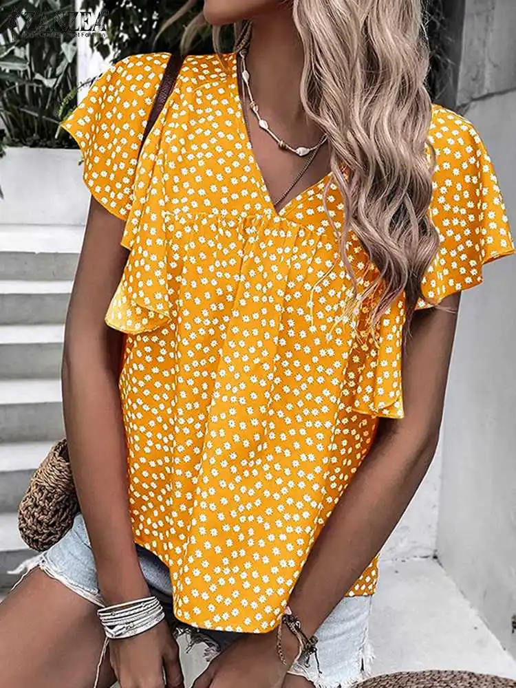 

ZANZEA 2023 Summer Beach Blouses Fashion Holiday Smock Tops Casual Floral Printed Blusas Ruffled Sleeve Women Loose V-neck Shirt