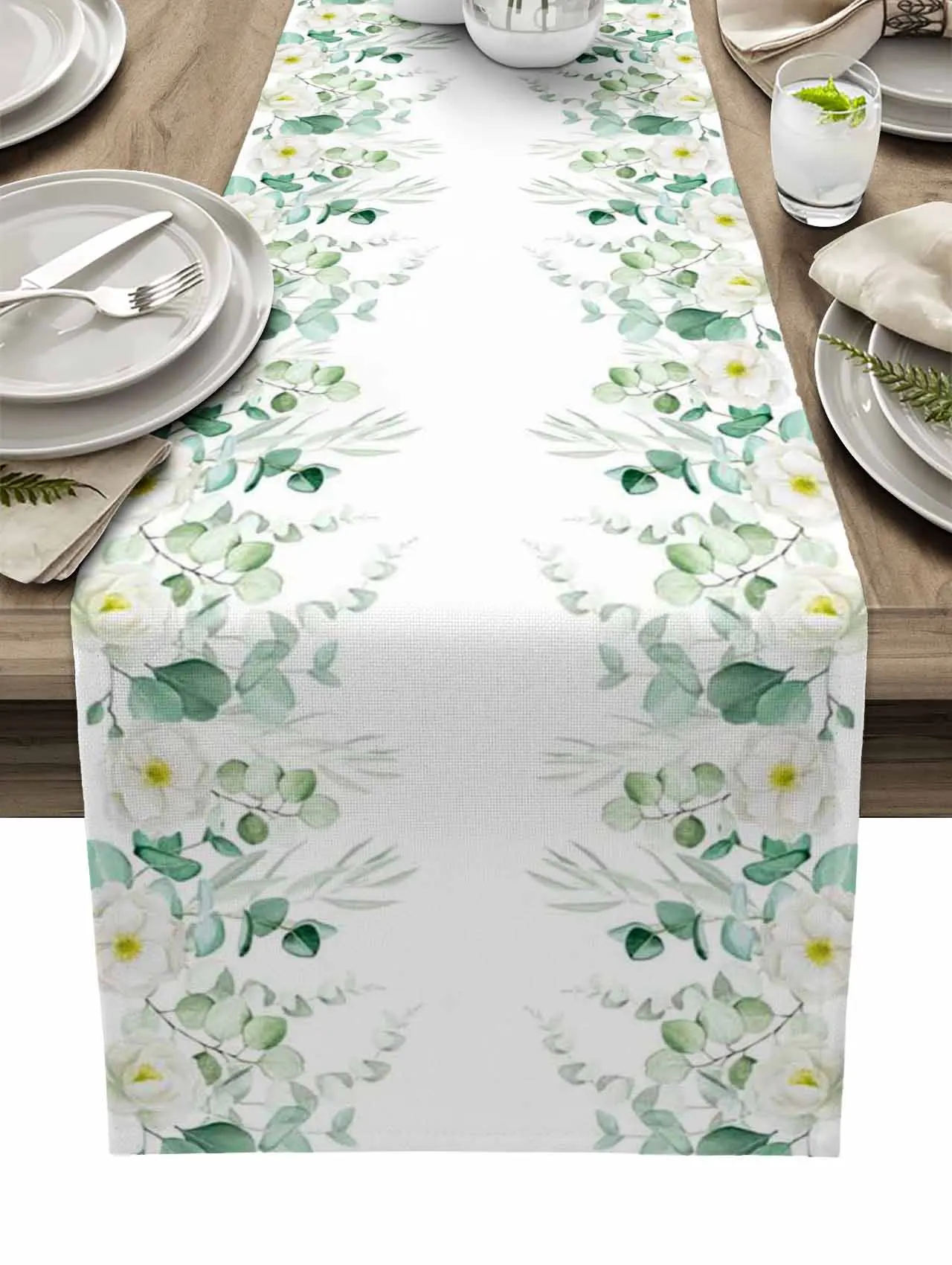 

Summer Watercolor Plant Eucalyptus Leaf Flower Table Runner Wedding Dining Table Decor Tablecloth Table Runner for Banquet Party