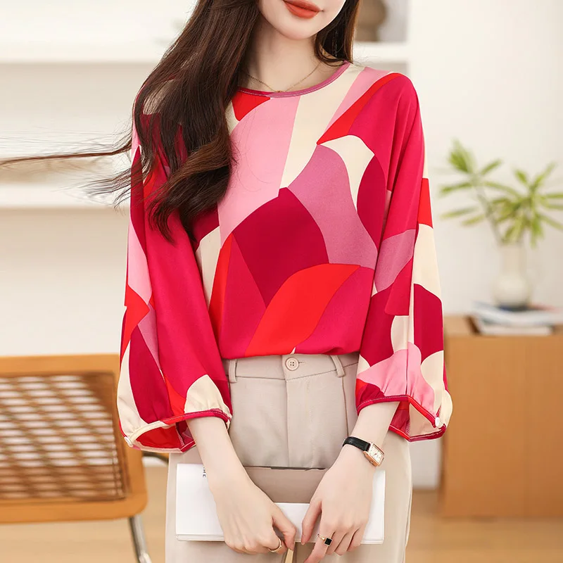 

2024 New 3/4 Sleeves Early Spring Mulberry Silk Top Bat Sleeves Chic Printed Casual Loose Blouses Women Fashion Chiffon Shirts