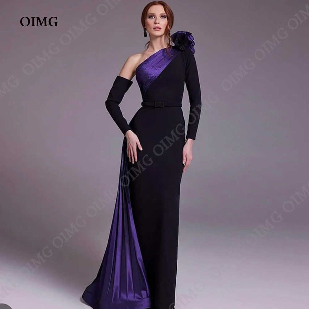 

OIMG Black/Purple Long Satin Prom Dresses Belt One Shoulder Evening Gowns Dubai Arabic Mermaid Formal Event Party Dress