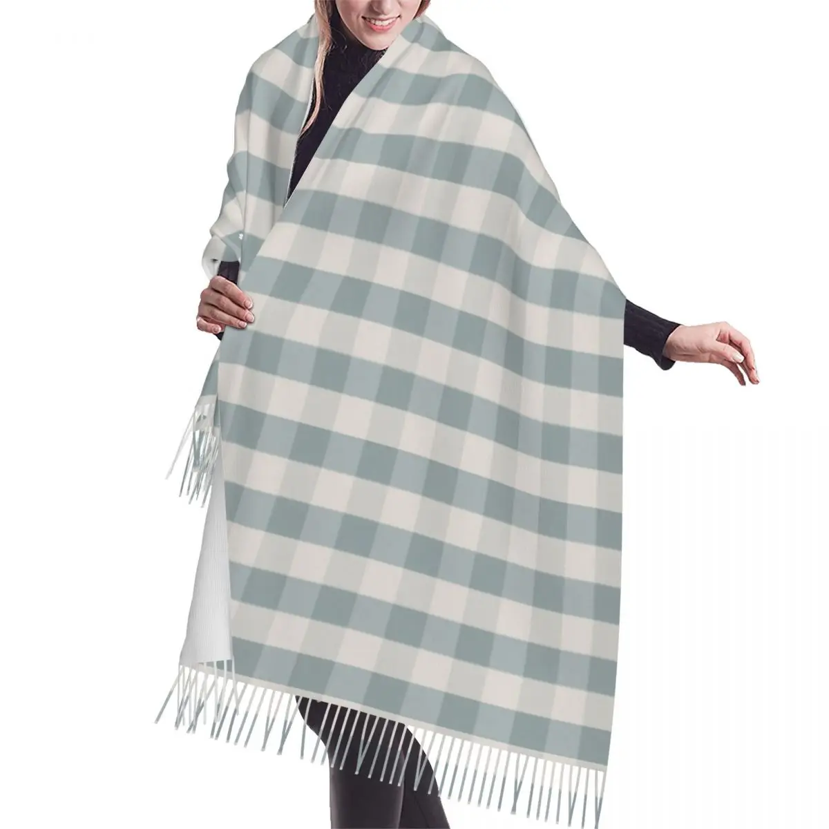 

French Toile De Jouy Checkered Light Blue White Scarf Wrap for Women Long Winter Fall Warm Tassel Shawl France Art Scarves