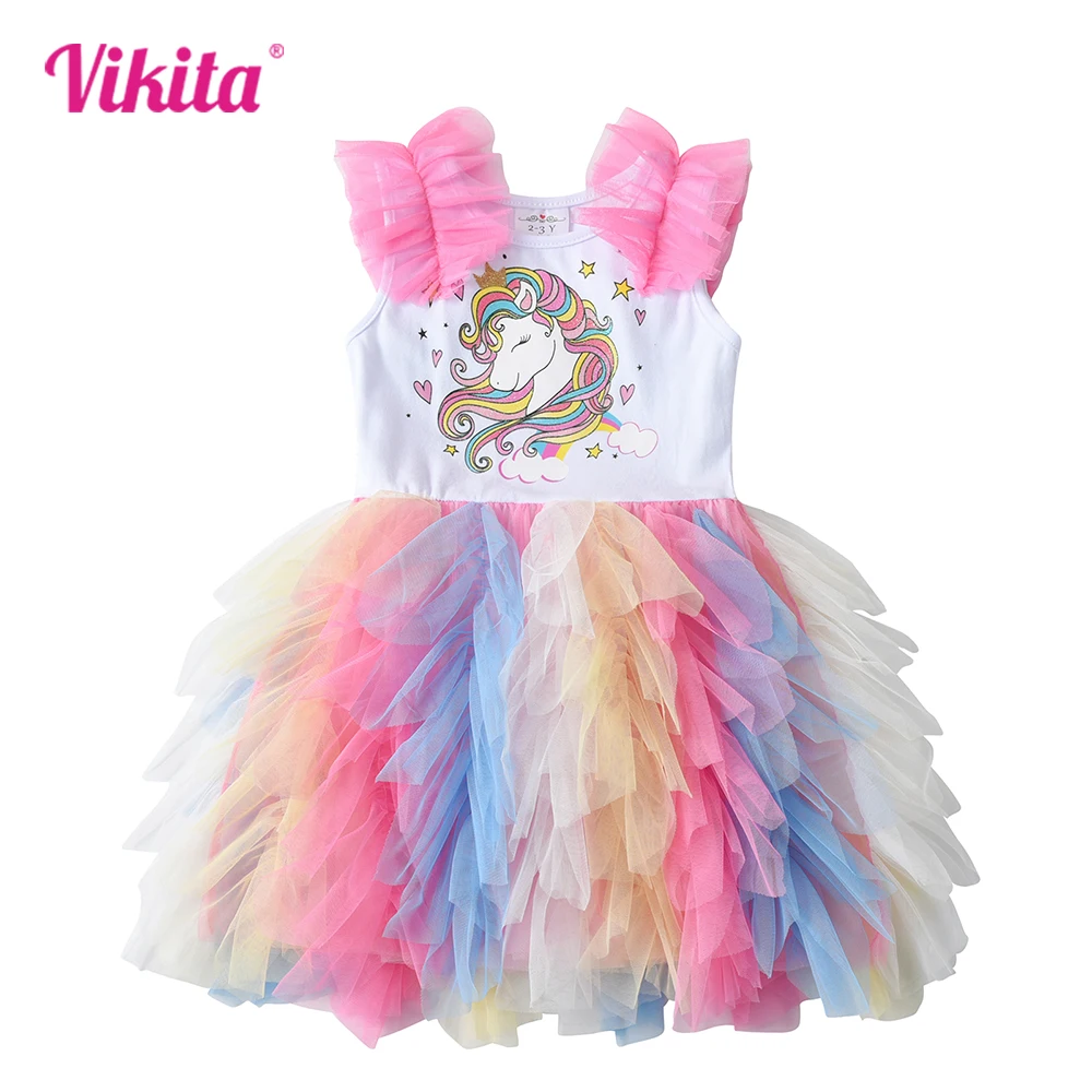 

VIKITA Girls Unicorn Cartoon Print Dresses Kids Sleeveless Summer Dress Girls Colorful Mesh Tulle Layered Tutu Princess Dresses