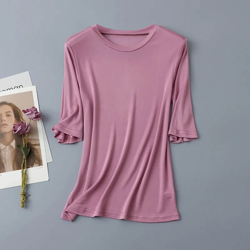 Женская футболка с коротким рукавом и круглым вырезом, из шелка тутового шелкопряда
Женская футболка с коротким рукавом и круглым вырезом, из шелка тутового шелкопряда