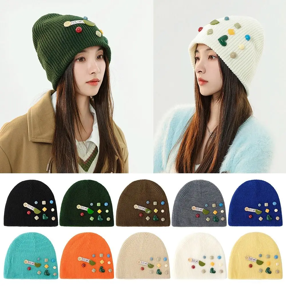 

Button Decorated Winter Knit Hat New without Eaves Solid Color Beanie Hat Keep Warm Beanies Cap Women