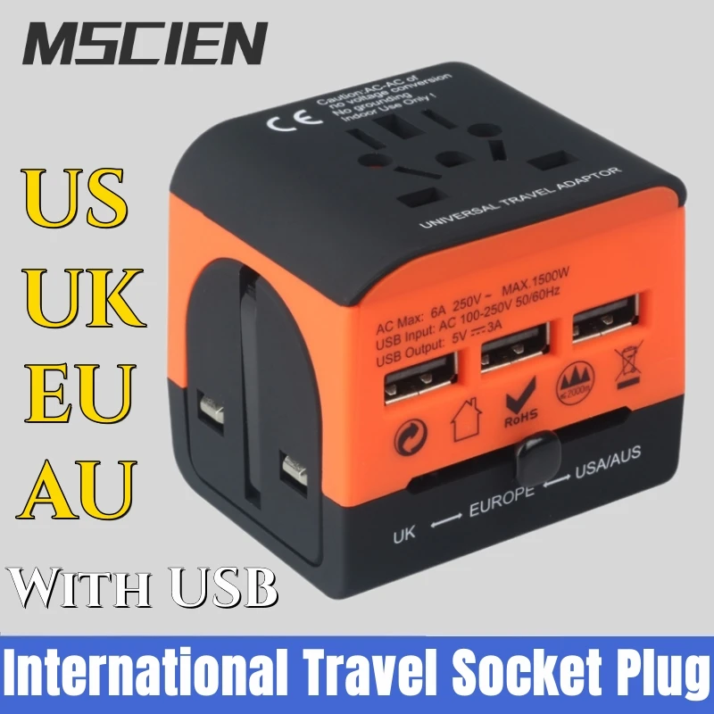 

International Travel Sockets Global Plug Conversion Socket US UK EU AU Plug Portable USB Charger Adapter Surge Protection