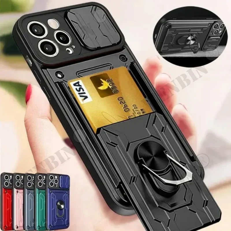 

Case For iPhone 15 14 Pro Max 13 12 Pro Max XR X 8 7 Plus SE Slide Stand Ring Camera Military Grade Card Slot Cover