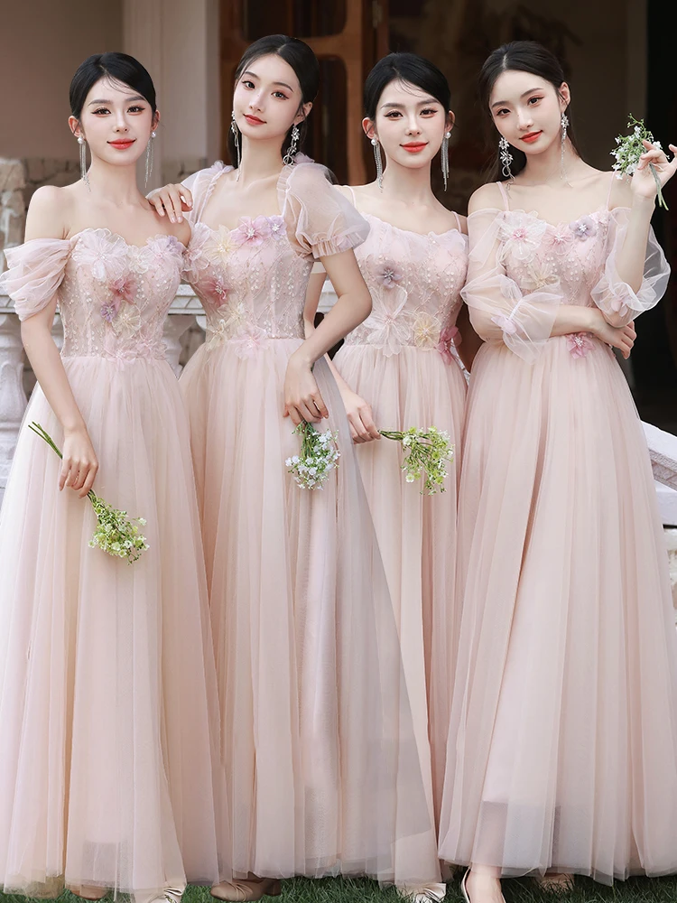 

4Styles Pink Off The Shoulder Bridesmaid Dress Elegant Sister Group Wedding Party Tulle Long Dress Princess Ball Gowns