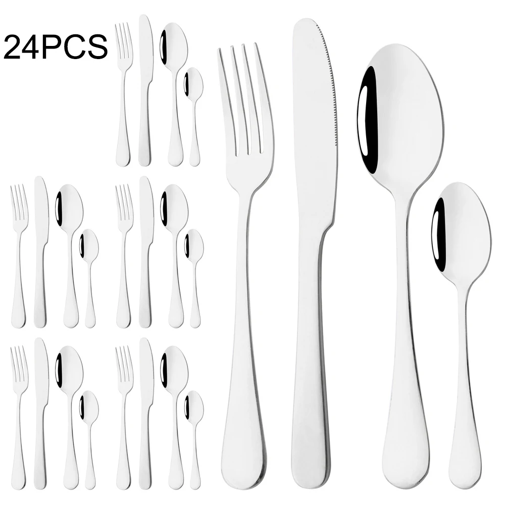 

24Pcs Silver Dinnerware Set Knife Fork Coffee Spoon Cutlery Set Stainless Steel Tableware Western Flatware Kitchen Silverware