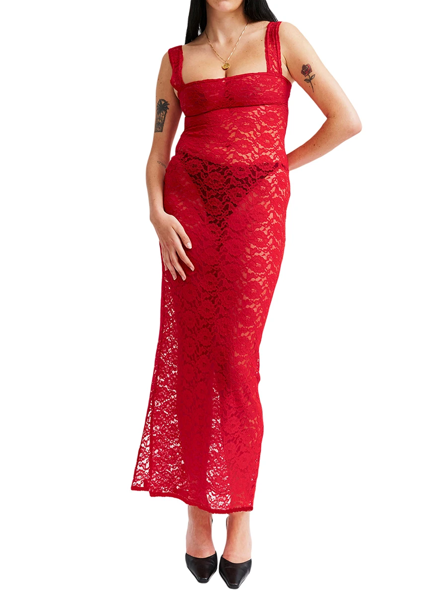 

Женское прозрачное кружевное платье, сексуальное облегающее длинное платье макси без рукавов y2k, прозрачное Сетчатое пляжное платье-накидка