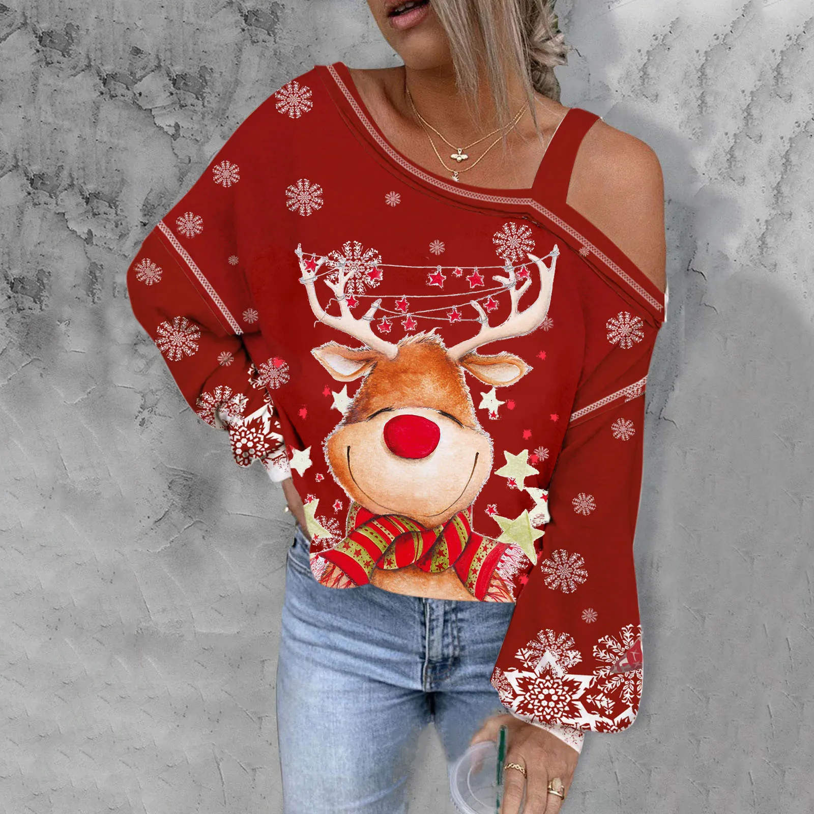 

Women Christmas Sexy Long Sleeve Skew Collar T-Shirt Cute Kawaii Deer Head Print Asymmetric Dew Shoulder Blouse y2k Clothing Top