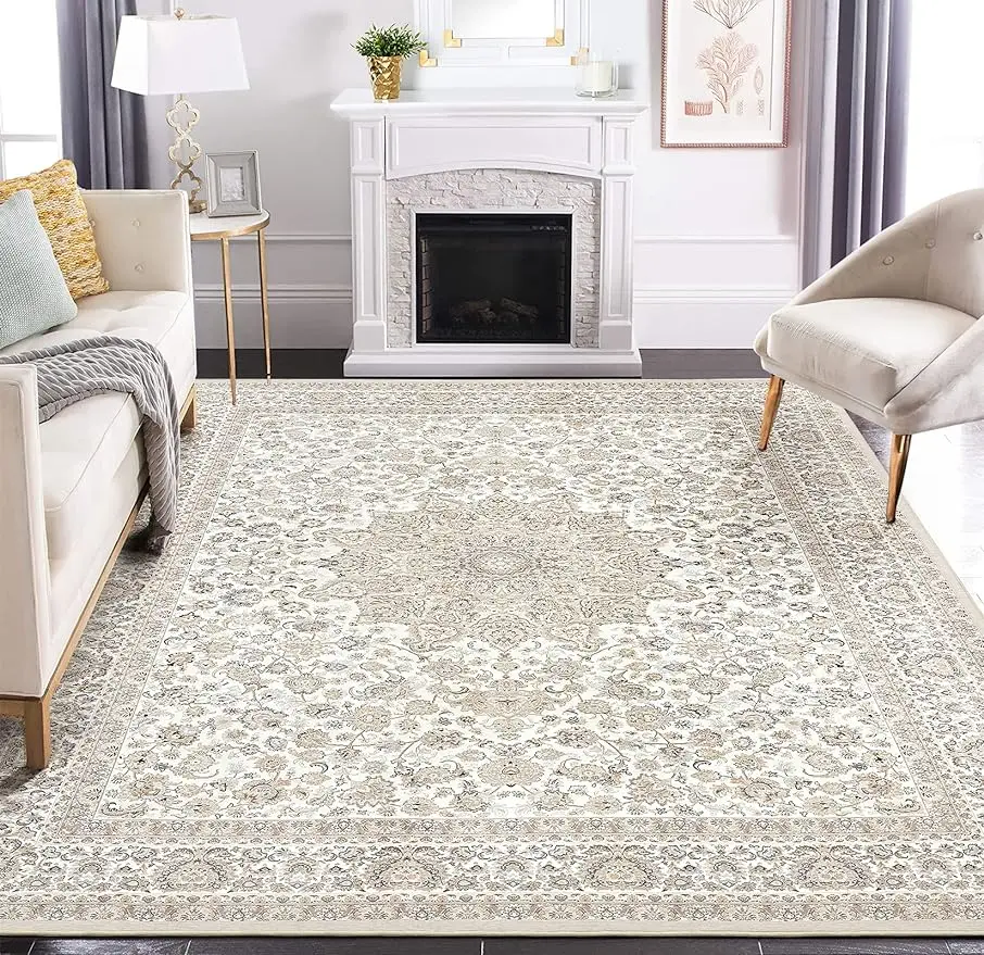 

Area Rug Living Room Rugs: 9x12 Large Machine Washable Non Slip Thin Carpet Soft Indoor Luxury Floral Stain Resistant Carpets