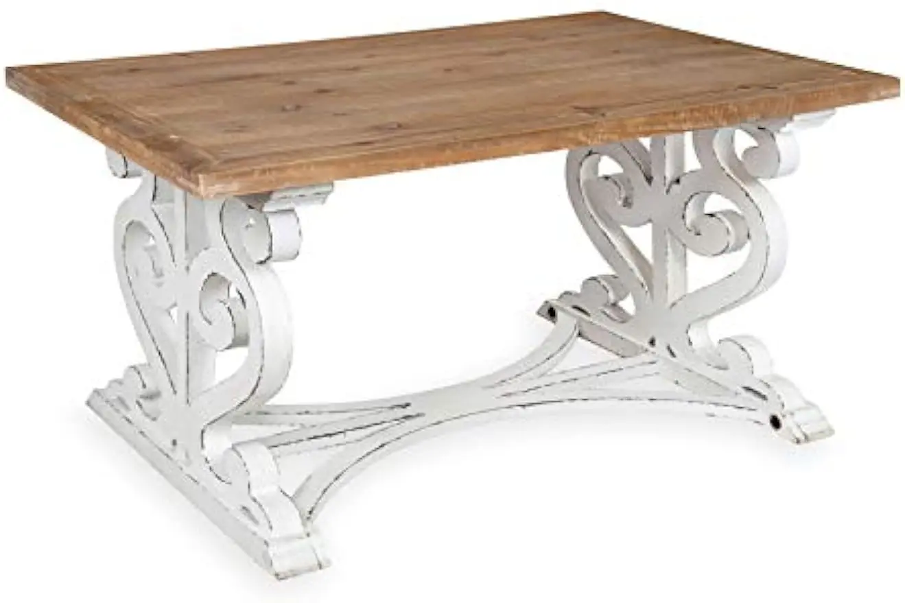 

Rustic Carved Coffee Table, Distressed Brown and White, Farmhouse-Inspired Living Room Table