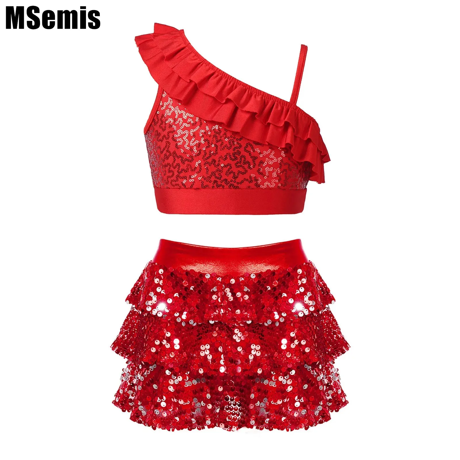 

Kids Girls Sequin Ruffle Dance Outfit Asymmetrical Shoulder Straps Crop Top with Sequins Tiered Ruffle Skirted Shorts Culottes