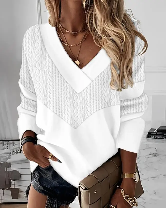 Women's Casual Clothing Long Sleeve V-Neck Cable Textured Top New Autumn Women Daily Fashion Loose White T-Shirt
Women's Casual Clothing Long Sleeve V-Neck Cable Textured Top New Autumn Women Daily Fashion Loose White T-Shirt