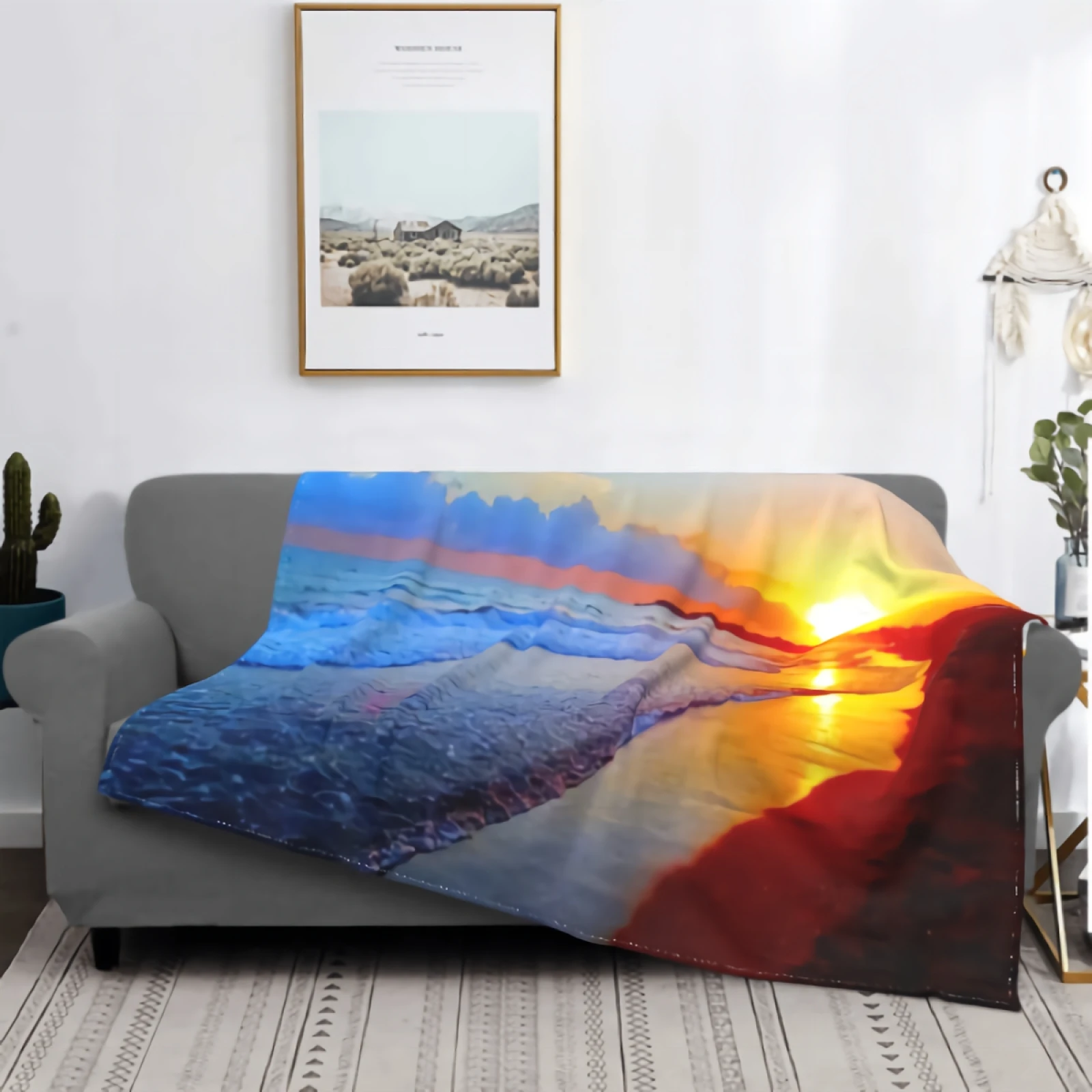 

Sunset Beach Flannel Blanket for Couch Bed Super Soft Cozy Plush Microfiber Fluffy Blanket Lightweight Warm Bedspread 80"x60"