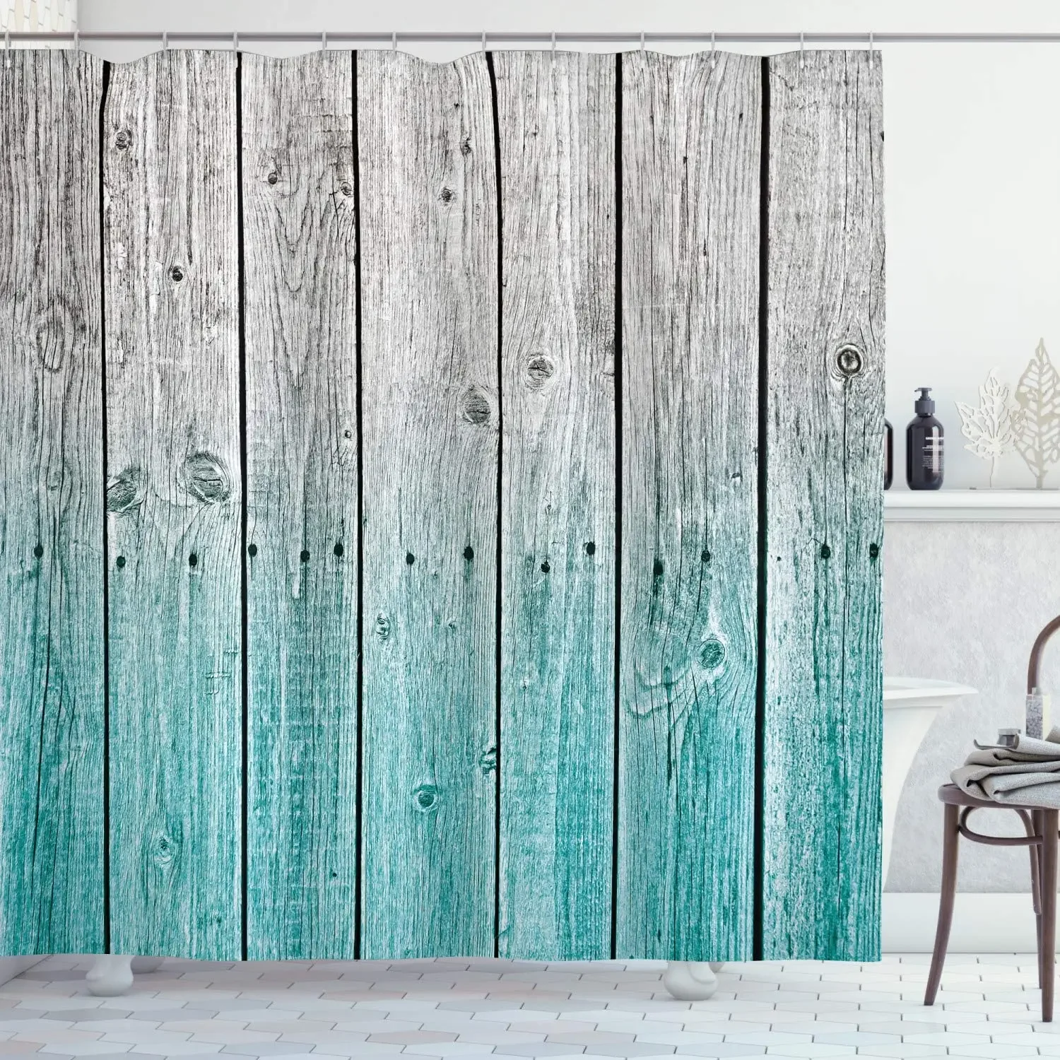 

Занавески для душа в деревенском стиле, тканевые художественные шторы с крючками, с эффектом фона, для загородного дома, набор для декора ванной комнаты, бледно-голубой и серый
