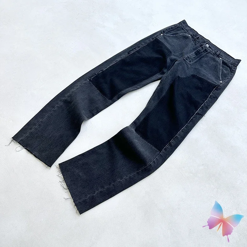 

High Street Askyurself Pants Vintage Washed Old Knife Cut Overalls Black Patchwork Trousers Men Women ASK Jeans