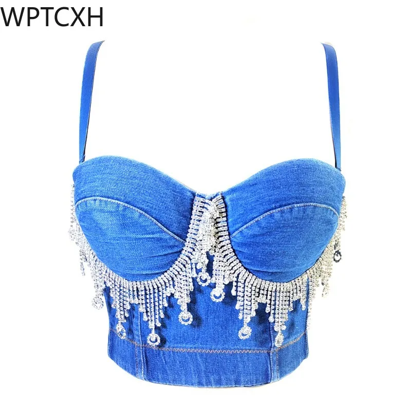 

Luxury Corset Chic Bra Rhinestone Tassels Wrapped Chest Party Outside Wear Studded Beaded Cowboy Hipsters Exposed Umbilical Tops