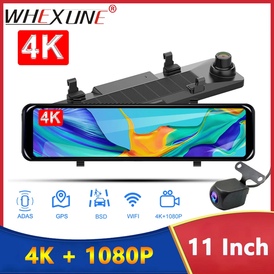 

WHEXUNE 4K Super HD Dash Cam ADAS 11.26 Inch Car Rearview Mirror with Blind Spot Detection Func 1080P Rear Camera Video Recorder