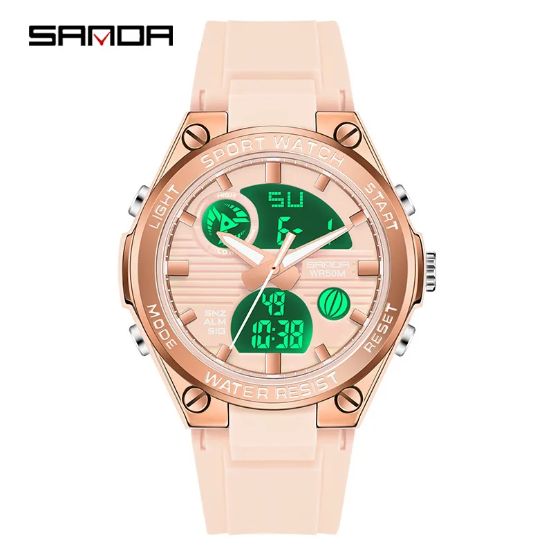 

SANDA 6067 Women's Electronic Watch Fashion Creative Macaron Sports Luminous Chronograph Dual Display Silicone Ladies Watches