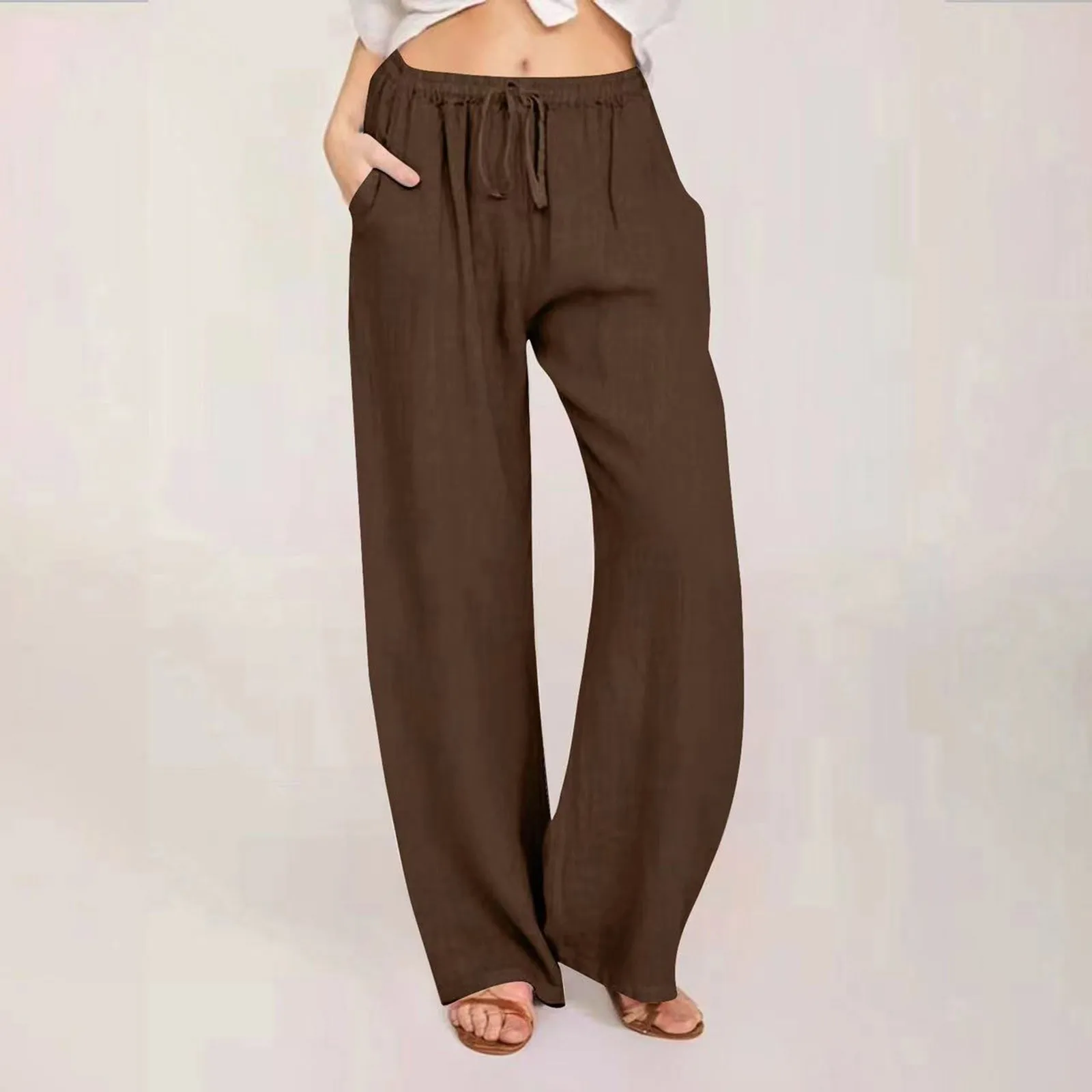 

Womens Drawstring High Waisted Flare Pants Loose Fit Floor Length Female Pants Fashionable Casua Women'S Pants