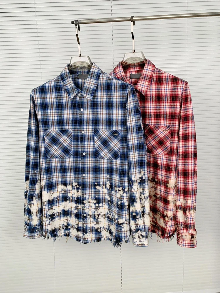 

AM Men's Shirts 2023 Autumn Winter Splash-inked Fringe and Rough Edge Plaid Shirt Streetwear Loose Lapel Single Breasted Blouses