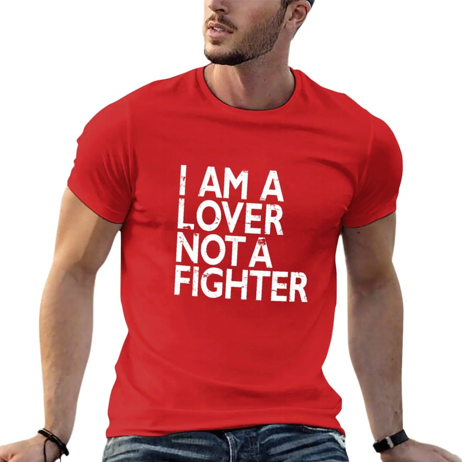 

Новинка, футболка Lover Not A Fighter, летние топы с коротким рукавом, футболка оверсайз, забавная футболка, черные футболки для мужчин