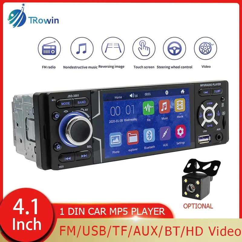 

4.1Inch 1Din MP5 Player FM Radio Receiver Car Stereo BT TouChscreen TF/USB/AUX-IN Reverse Image Steering Wheel Control