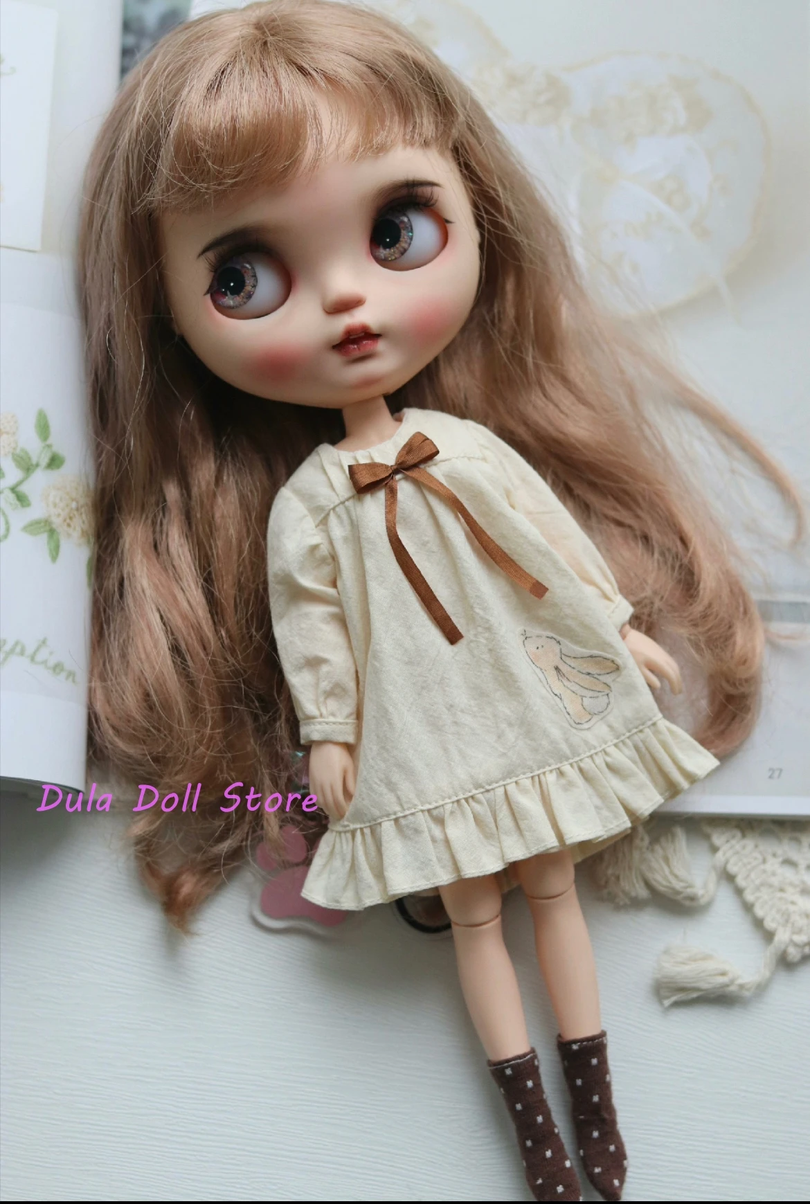 

Одежда для куклы Dula, платье, простая бежевая юбка с кроликом Blythe Qbaby ob24 ob22 ob11 Azone Licca ICY jerfish 1/6, аксессуары для кукол Bjd