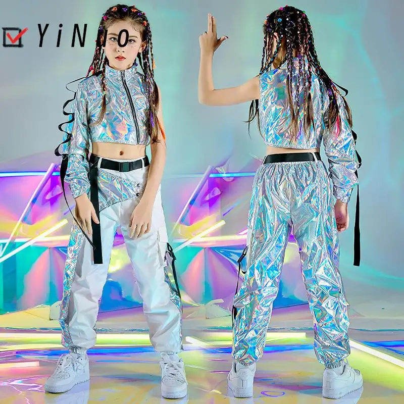 

PU Hip-Hop Dance Clothes Reflective Rave Outfit Girl Sets Jazz Dancewear Festival Crop Tops Cargo Pants Catwalk Show Costume