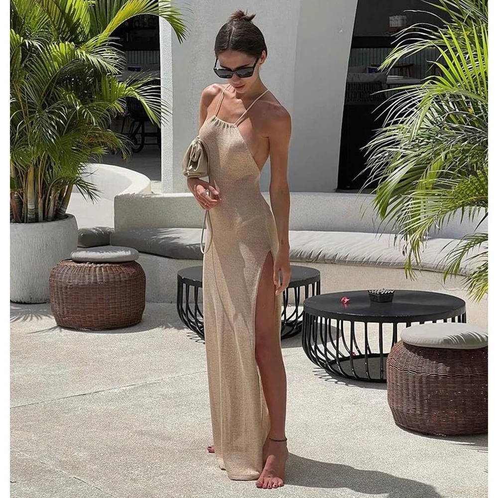 

2024 Kintted Cover Up Beach Sexy See Through Maxi Slit Bodycon Summer Dress Bikinis Cover-ups Elegant Halter Beachdress