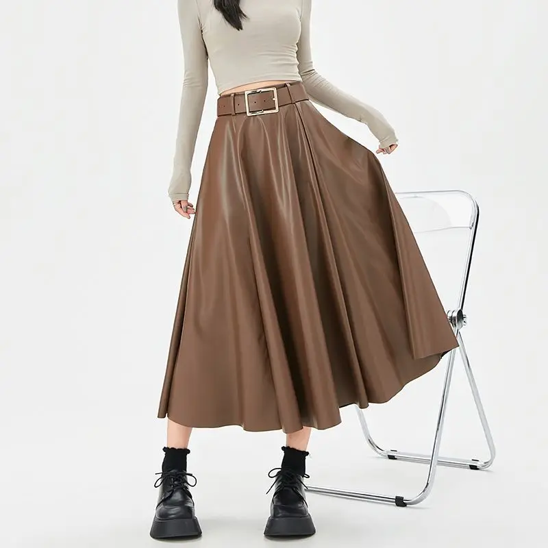 

2023 Fall New PU Leather A-line Skirts High Waist Belted Pleated Black Faldas Skirts Mid-long Bottoms Jupe 1743