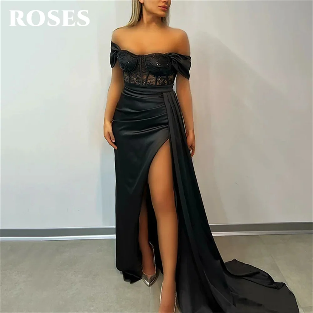 

ROSES Black Evening Dress Sweetheart Trumpet Satin Party Dress With Lace Beaded Off The Shoulder 프롬드레스 High Side Slit Prom Dress