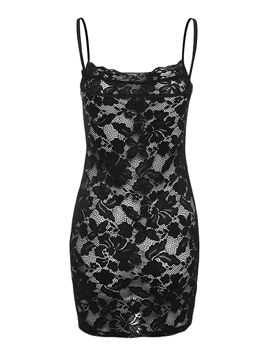 

Women Sexy Spaghetti Strap Mini Dress Lace Floral See Through Bodycon Dress for Cocktail Party Club