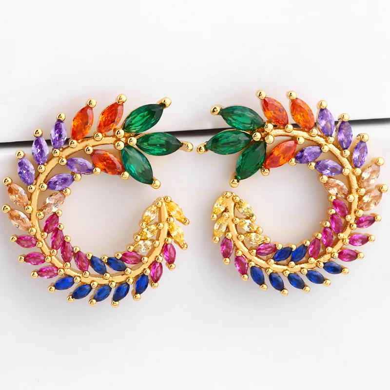 Fashion Colorful Micro Pave CZ Zircon Luxury Gold Color Rainbow Olive Branch Type C Stud Earrings For Women Party Jewelry Gift 
Fashion Colorful Micro Pave CZ Zircon Luxury Gold Color Rainbow Olive Branch Type C Stud Earrings For Women Party Jewelry Gift