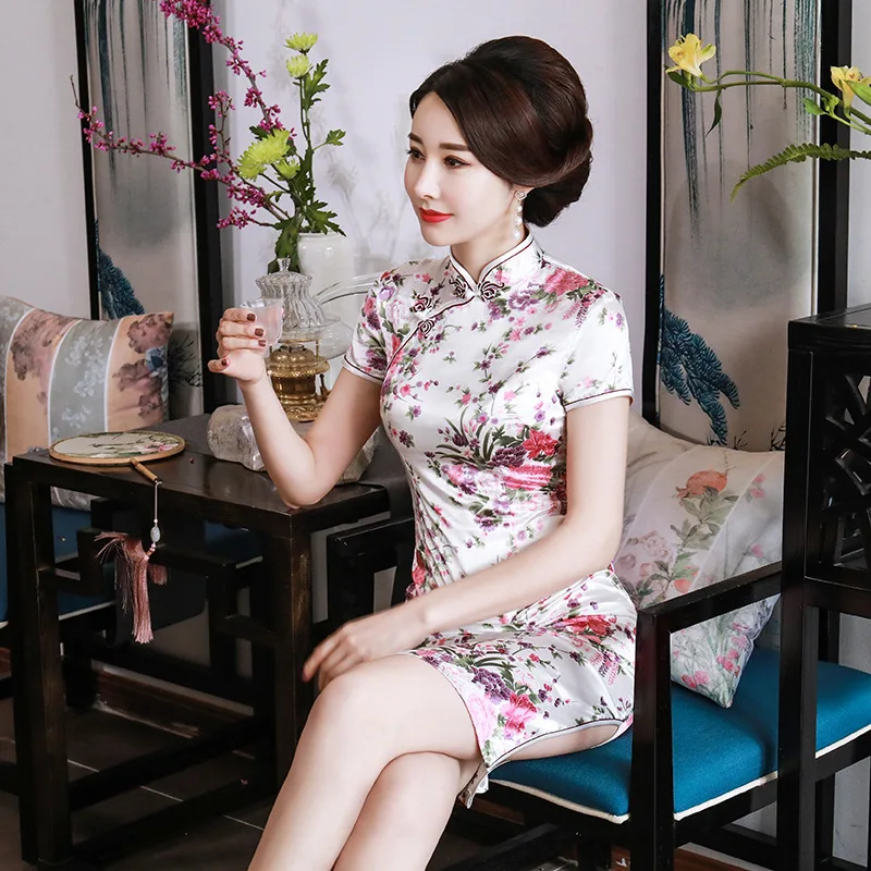 

Women Pencil Dresses Cheongsam Chinese Traditional Vintage Dress Summer Elegant Floral Print Knee Split Dress Standing Collar
