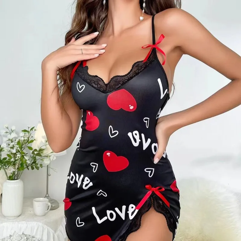 Lace Edge V-Neck Sling Side Split Sleepwear Women's Printed Love Letter Black Home Sling Dress Pajamas 1 Sfa9aea502fb249bdb0266c08c23901e17