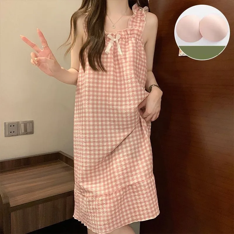 

Kawaii Nightdress For Women Summer Sleeveless Home Dress Lolita Young Girls Nightgown Pink Plaid Pijama Sleepdress Harajuku Gown