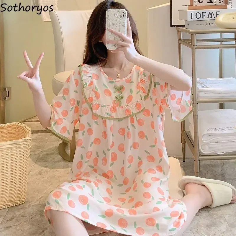 

Nightgowns Women Bow Loose Cozy Korean Style Sweet Schoolgirls Popular Simple All-match Summer Home Delicate New Tender Leisure