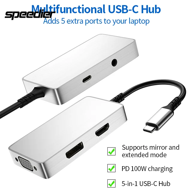 USB Type C Hub 5-in-1 Adapter with 4K 60Hz DisplayPort HDMI-compatable VGA 3.5mm Audio USB-C 100W Power Delivery Ports
USB Type C Hub 5-in-1 Adapter with 4K 60Hz DisplayPort HDMI-compatable VGA 3.5mm Audio USB-C 100W Power Delivery Ports