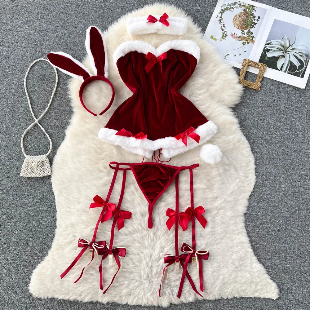 

Bow Lingerie Combination Christmas Erotic Porno Underwear Sets Cosplay Rabbit Maid Sexy Nightwear Halter Splice Fur