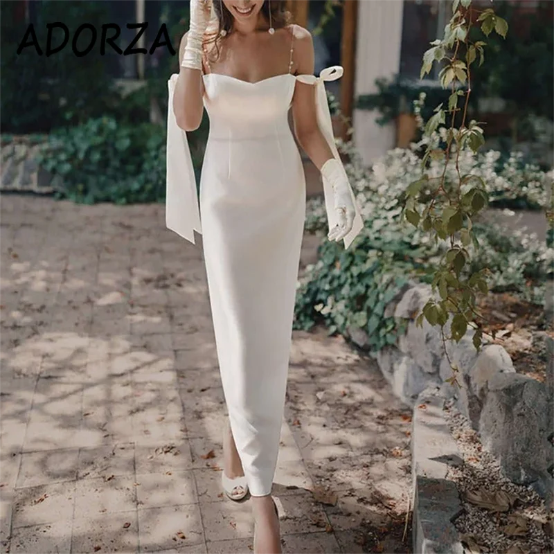 

ADORZA Mermaid Wedding Dress Sexy Bows Spaghetti Straps Plain Satin Bridal Gown Elegant Ankle-length Vestido De Noiva for Bride