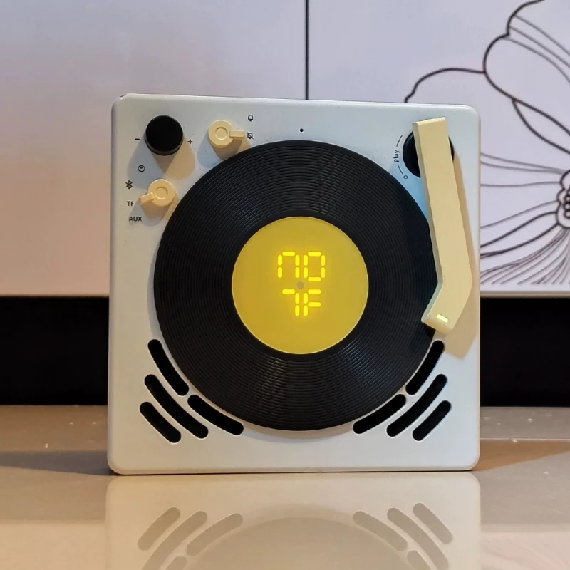 

Table Wireless Speakers Bluetooth Connection Support External TF Card AUX-in with LED Digital Clock Creative Vinyl Record Design