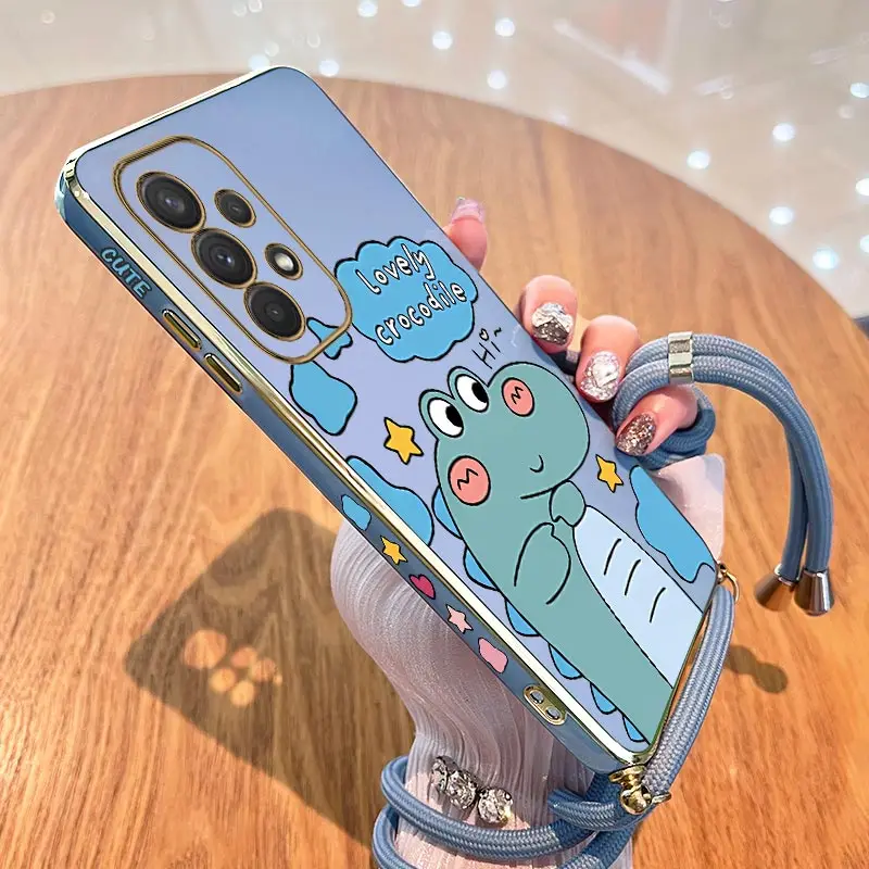 

Cartoon Crocodile Lanyard Plating Phone Case For Samsung Galaxy A53 A50 A50S A30S A51 A52 A52S A54 A70 A71 A72 A73 A91 A21 Cover