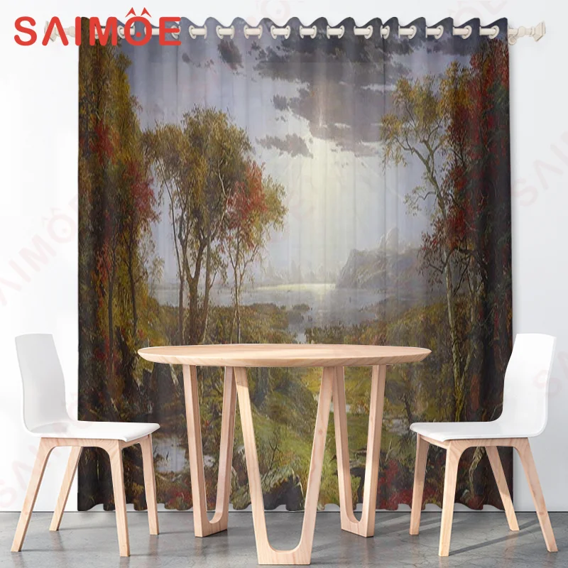 

Idyllic Mountains Natural Scenery Curtains Sunset Trees Forest Thin Polyester Fabric Bedroom Office Custom Decoration with Hooks