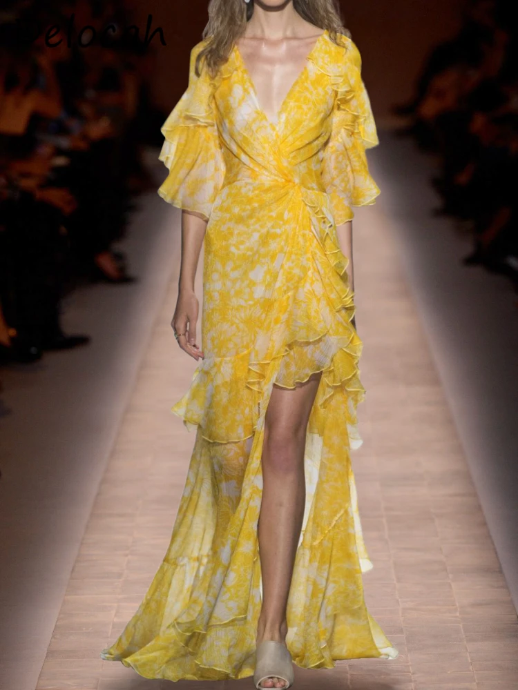 Delocah High Quality Summer Women Fashion Designer Holiday Maxi Dress Sexy V-Neck High Waist Yellow Printed Ruffles Trim Dresses
Delocah High Quality Summer Women Fashion Designer Holiday Maxi Dress Sexy V-Neck High Waist Yellow Printed Ruffles Trim Dresses