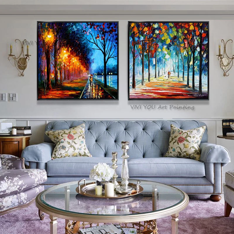 

Handpainted Palette Knife Oil Painting on Canvas Romantic Walking Couples Canvas Art Autumn Painting Living Room Wall Decor