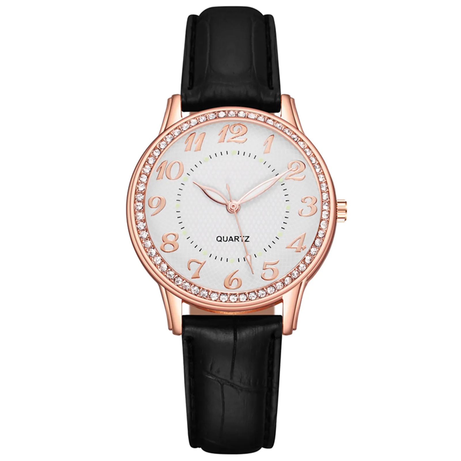 

Women'S Artificial Diamond Luxury Quartz Watch Classic Black Leather Strap Women'S Watch Circular Pointer Luminous Dial Clock